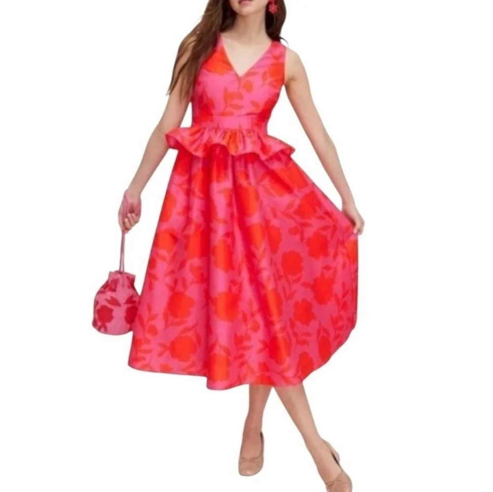 Kate Spade New York Floral  Peplum Ruffle Festive  Midi Dress New